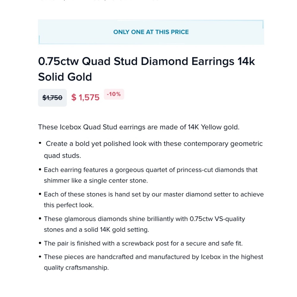 0.75ctw quad stud diamond earrings 14k solid gold - Picture 8 of 8